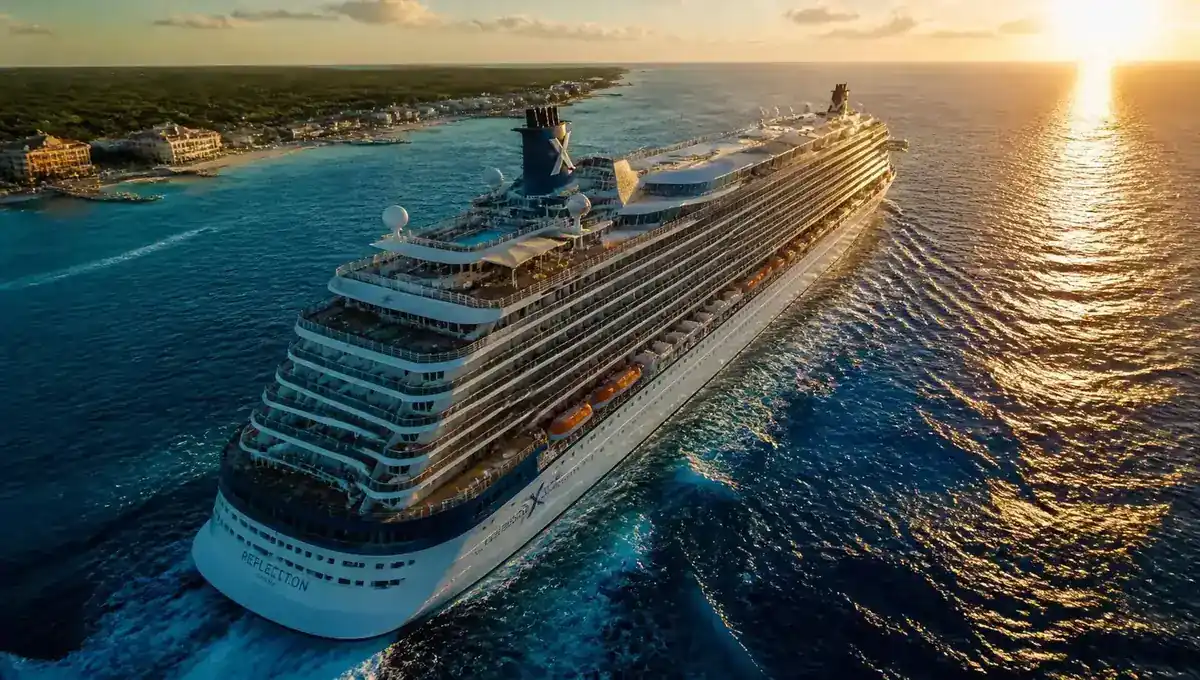 Cruise ship sailing through the Caribbean at sunset